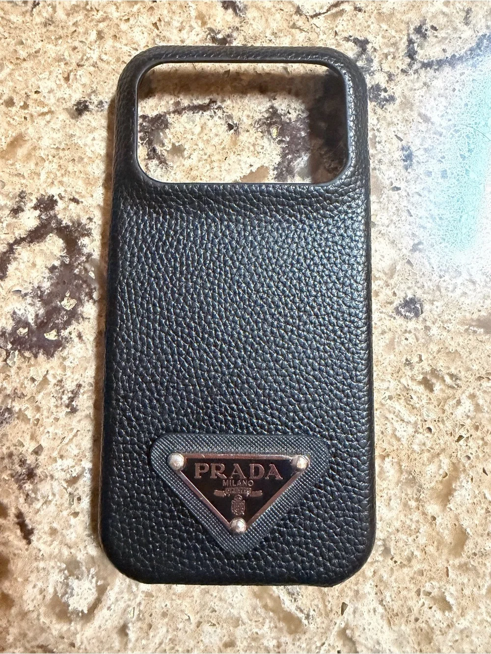 Black Pebbled Leather Phone Case with Metal Logo Plaque for iPhone 17 Pro
